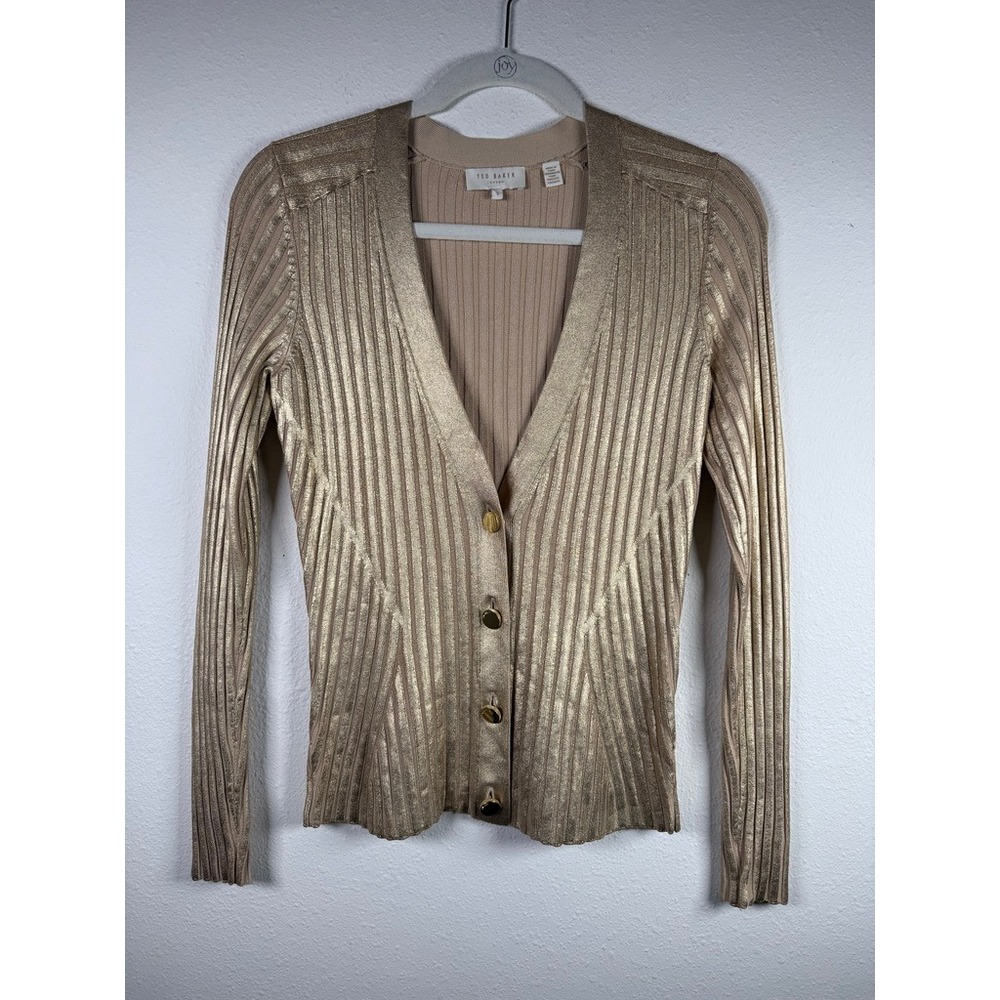 Ted Baker London Gold Metallic Ribbed Knit V-Neck Cardigan‎ Sweater Size 1 US 4
